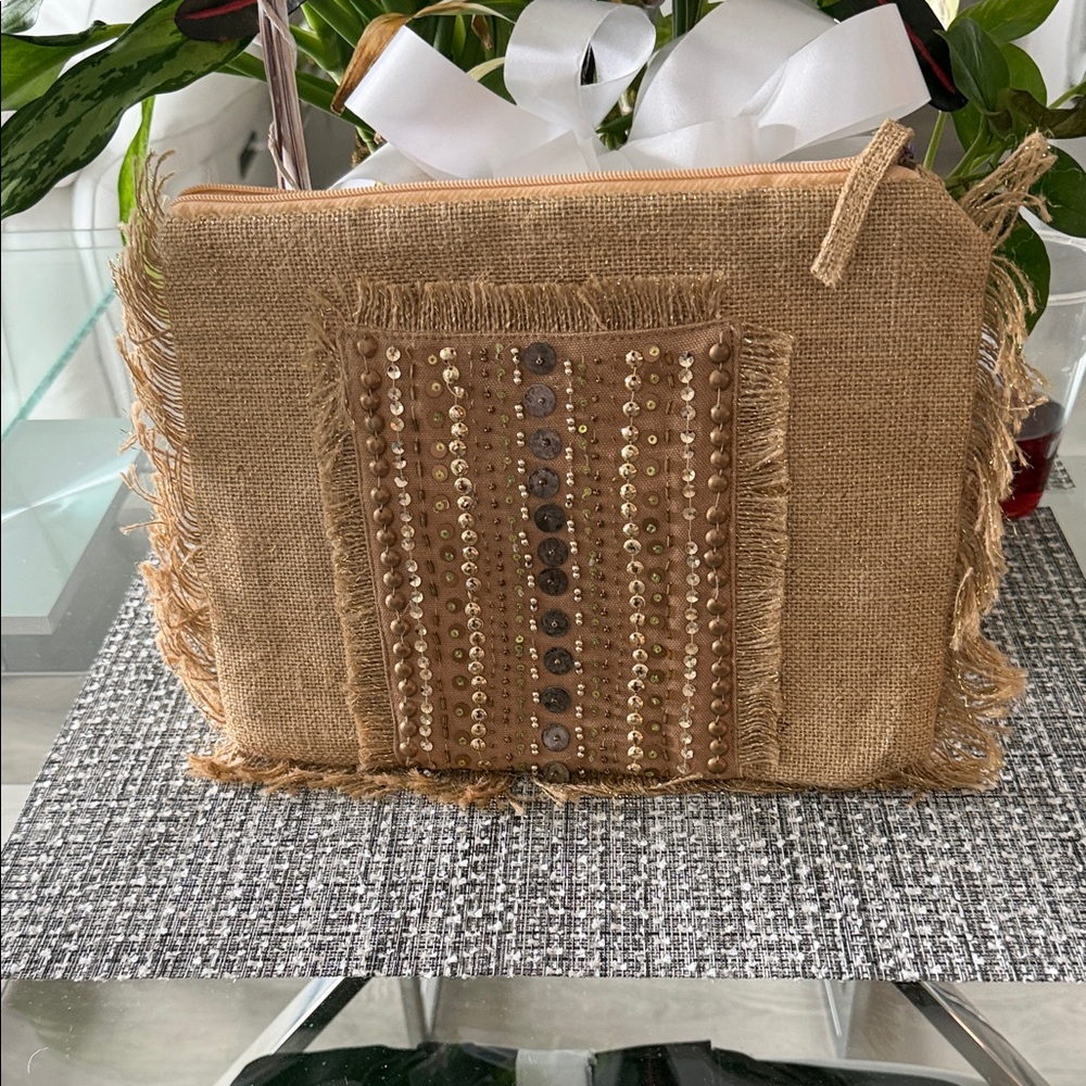 Boho Fringe Cosmetic Pouch in Natural Brown Clutch Bag